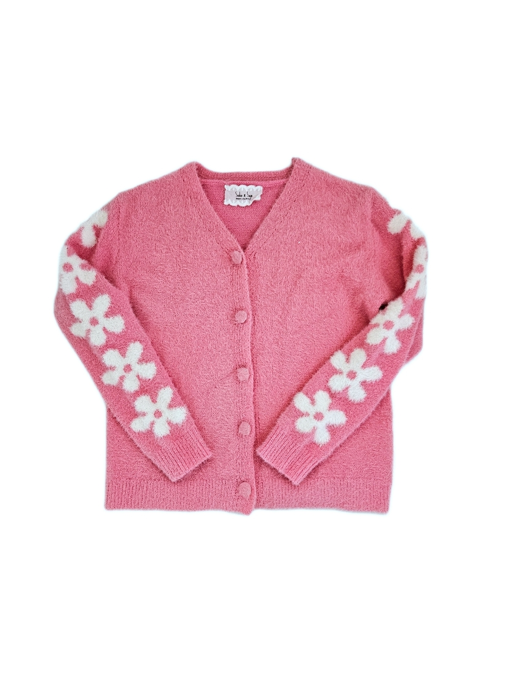 Sadie & Sage Fuzzy Pink Cardigan with White Daisy Sleeves